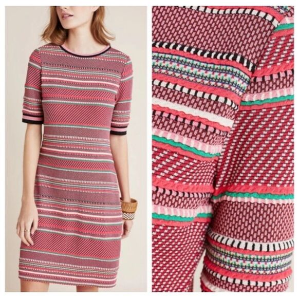 Anthropologie Aldo Martins Alice Stripe Knit Dress Womens Medium Pink Red Ruffle - Picture 2 of 15